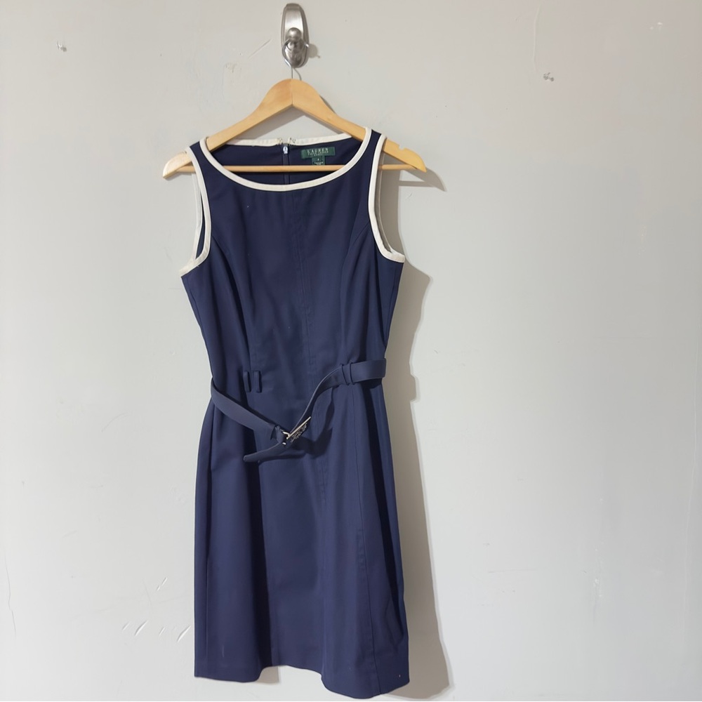 👉 Lauren Ralph Lauren Navy Blue Sheath Dress White Trim Belted Sleeveless Size 8